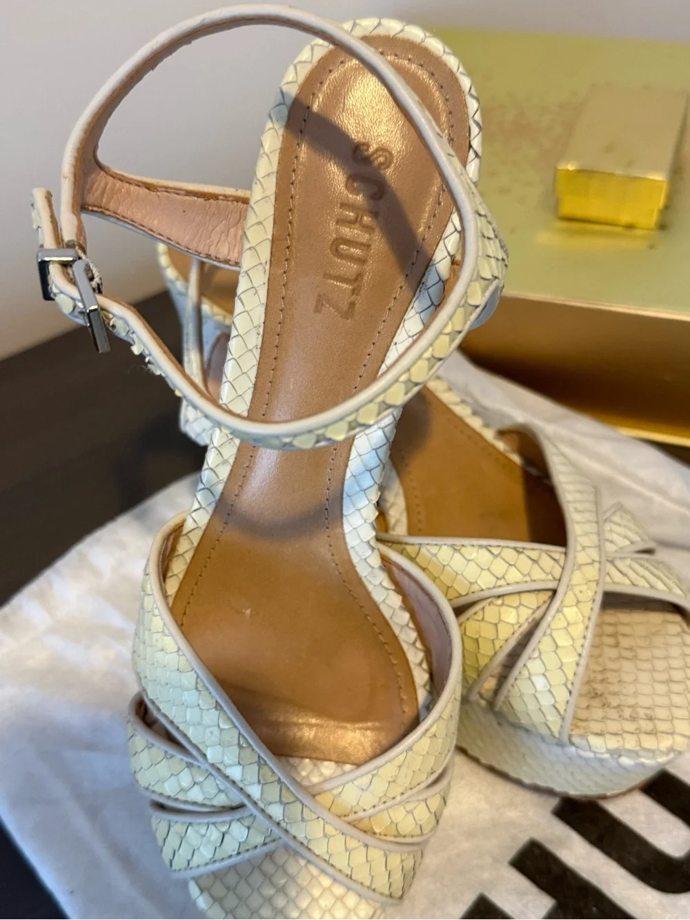 SCHUTZ Pale Cream Snake-Embossed Platform Sandals with Ankle Strap